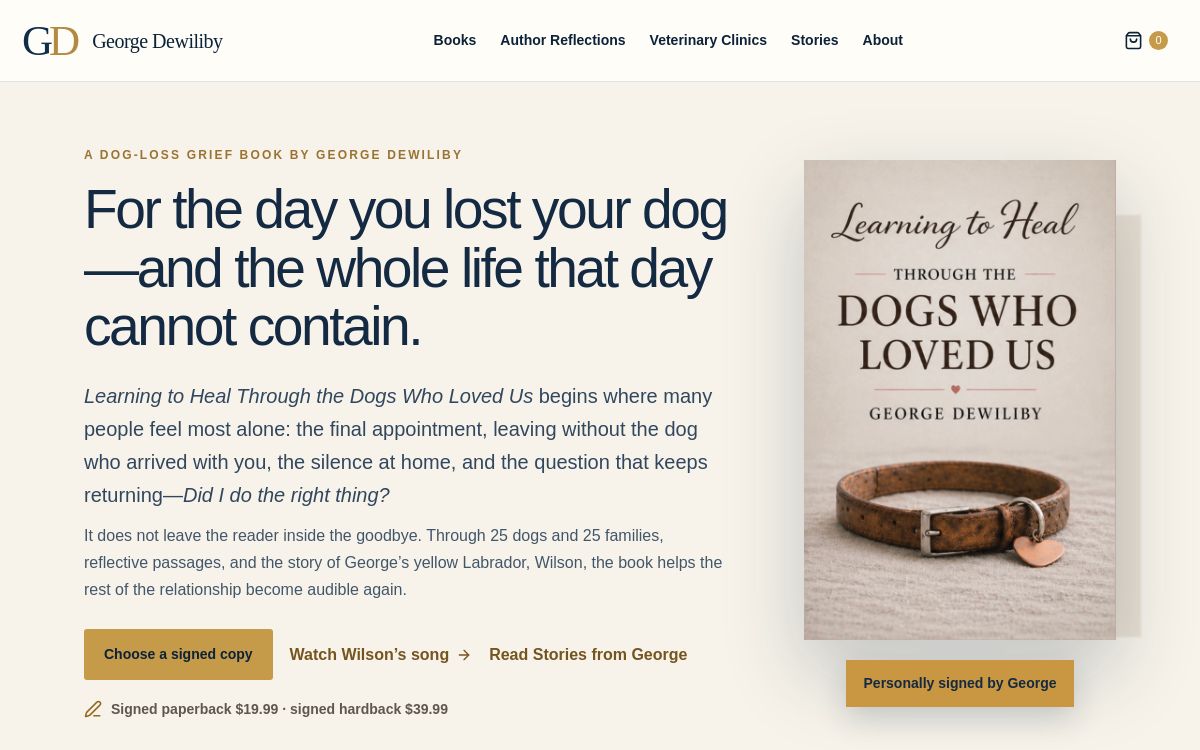 Published George Dewiliby homepage with book introduction, signed-copy button, author navigation, and book cover