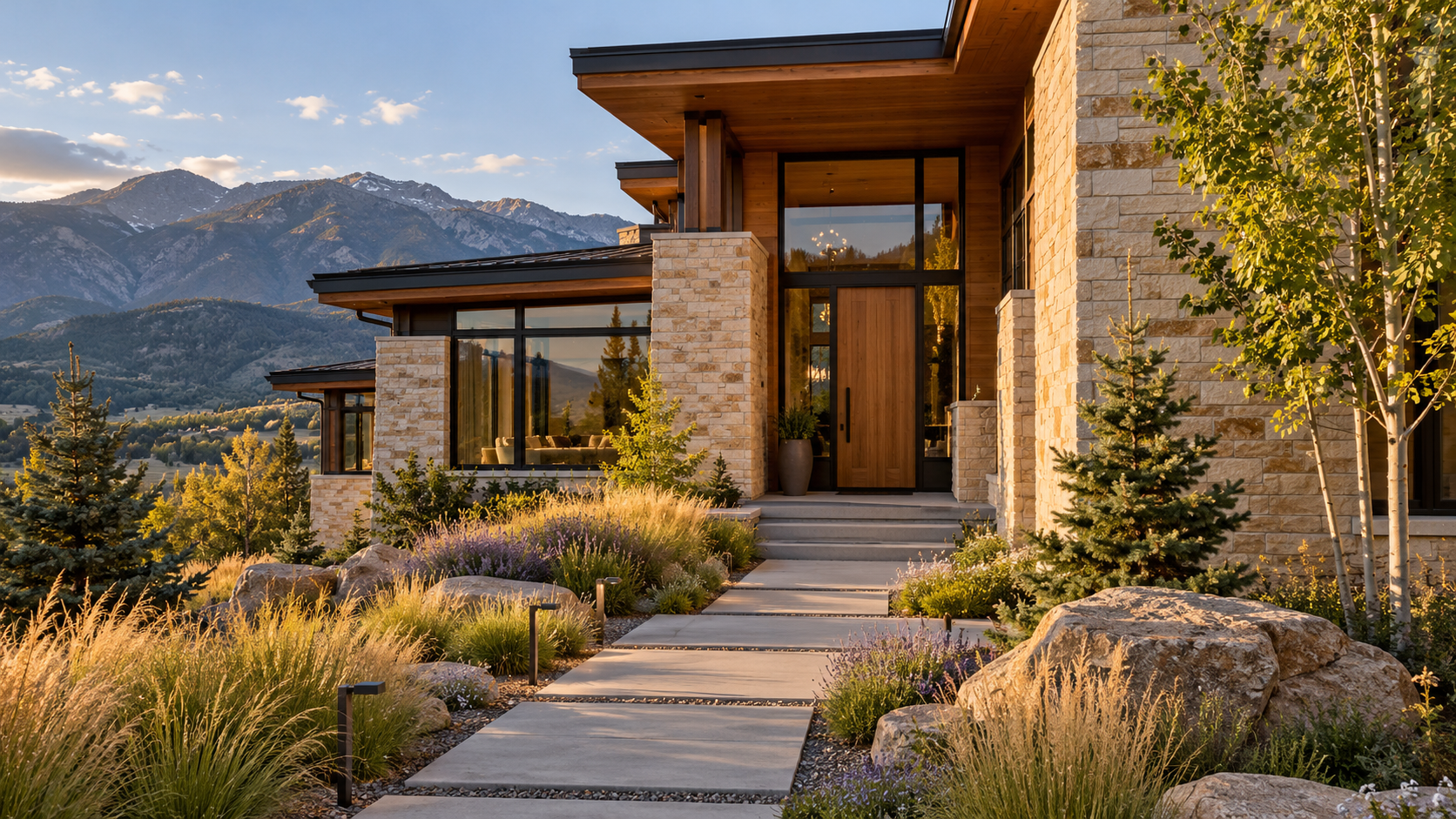 Generated home entry framed by stone and native planting