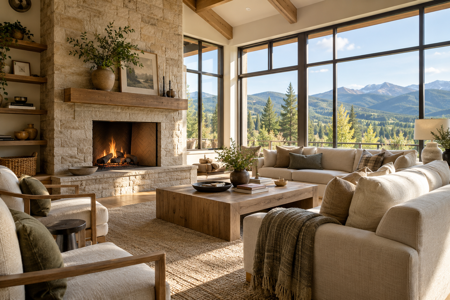 AI-generated warm living room with limestone fireplace and mountain views
