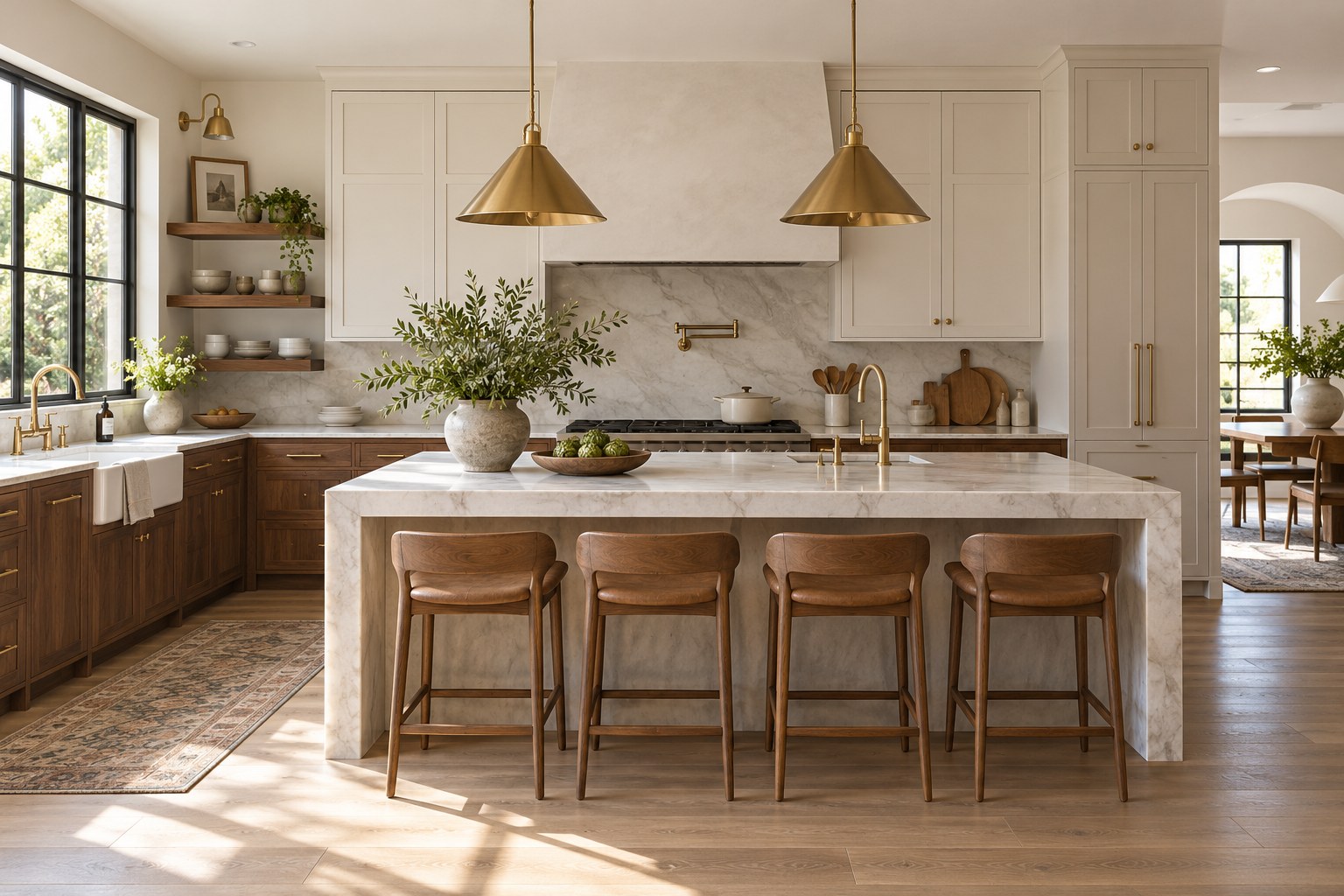 Concept kitchen with walnut cabinetry, stone island and warm natural light