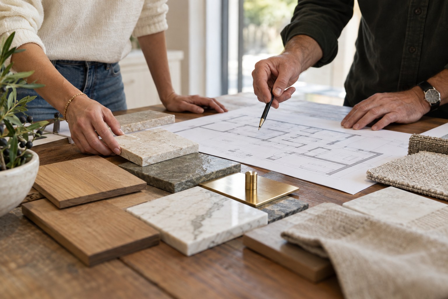 Homeowner and designer discussing material samples and renovation plans - generated concept photograph